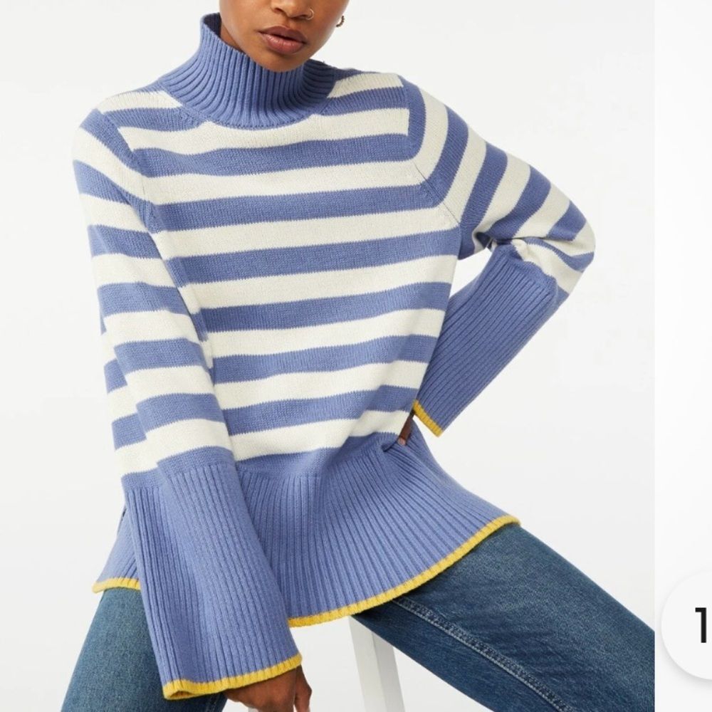 Free Assembly Nautical Striped Sweater Blue & White Mock Neck Coastal Large